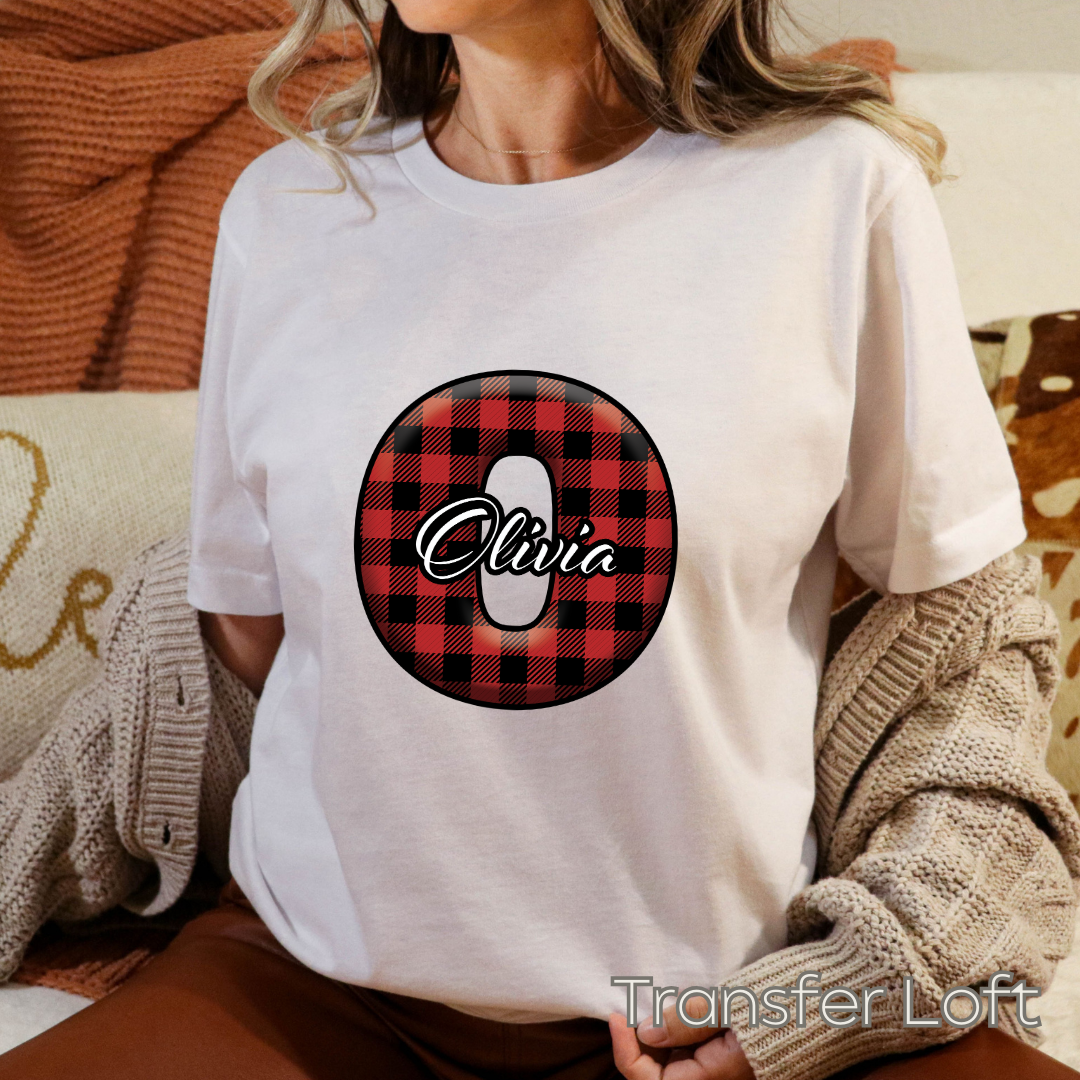 Custom Name with Red Plaid Initials- Full Color Transfer