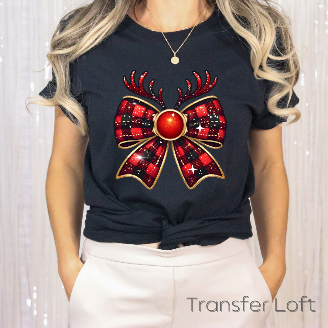 Reindeer Plaid Coquette bow - Full Color Transfer