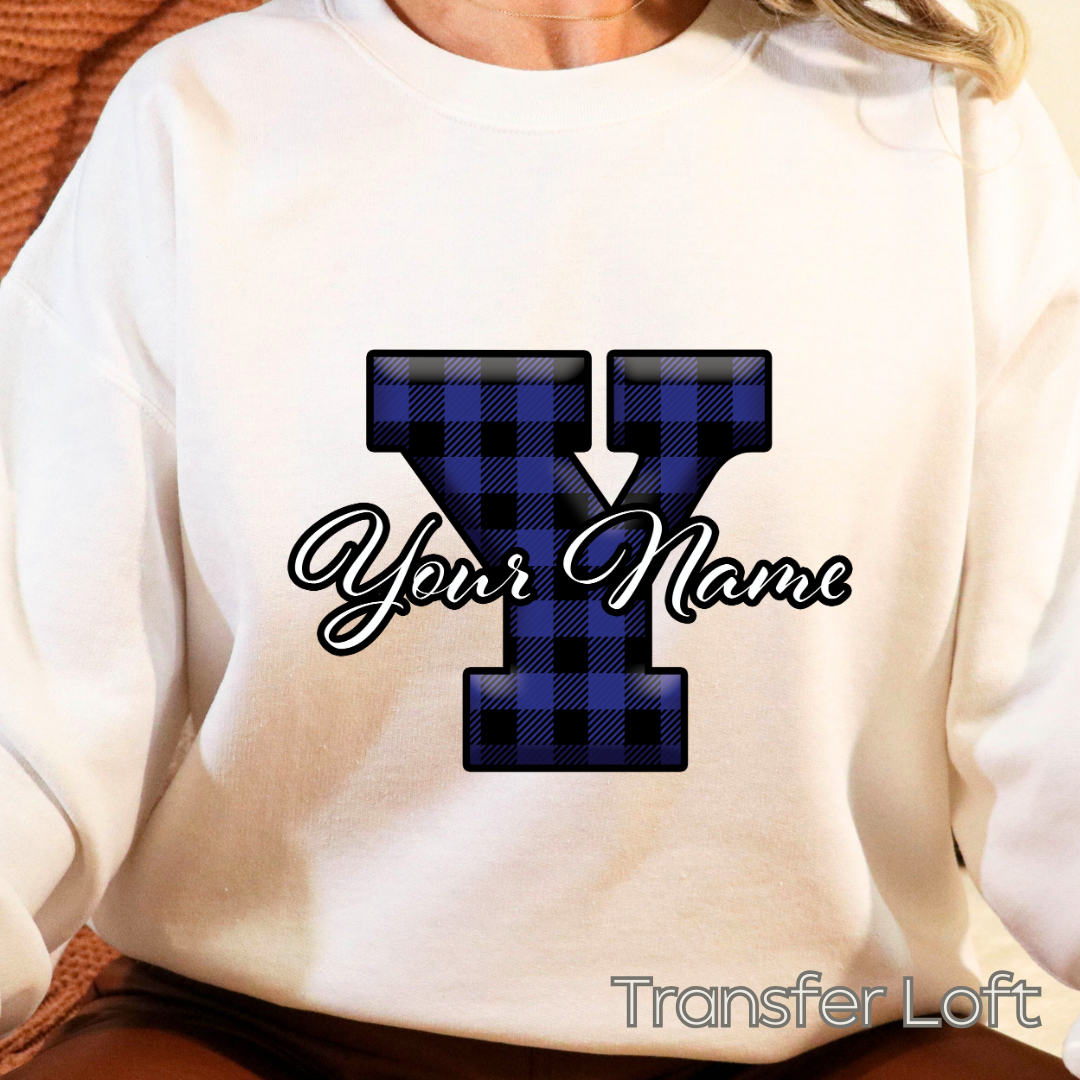 Custom Name with Blue Plaid Initials- Full Color Transfer