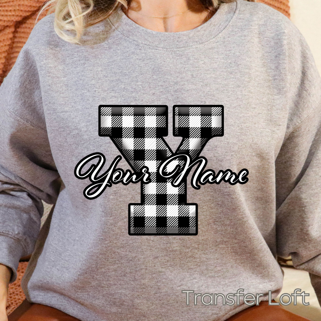 Custom Name with White Plaid Initials- Full Color Transfer