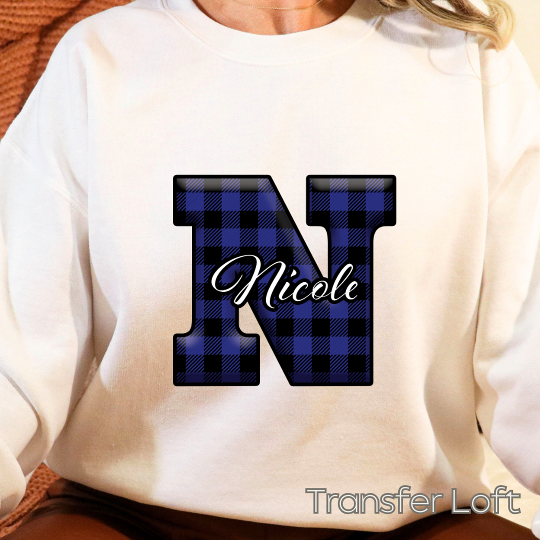 Custom Name with Blue Plaid Initials- Full Color Transfer