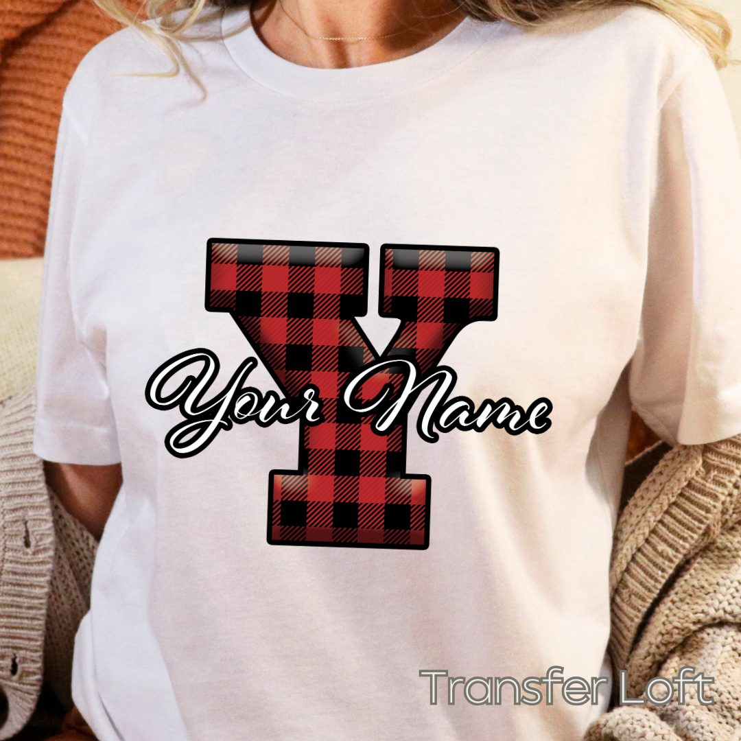 Custom Name with Red Plaid Initials- Full Color Transfer